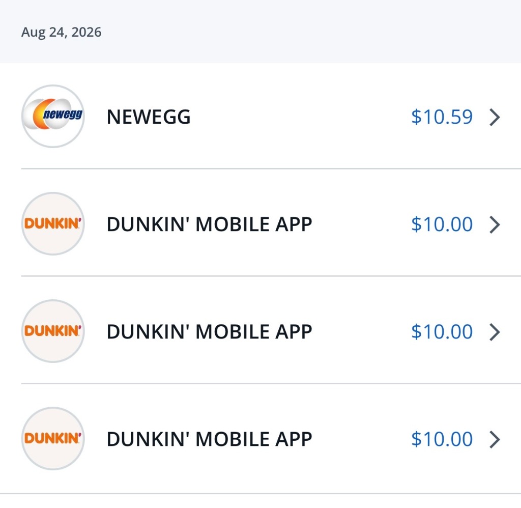 던킨 모바일 앱 및 Newegg PAZE 결제 내역